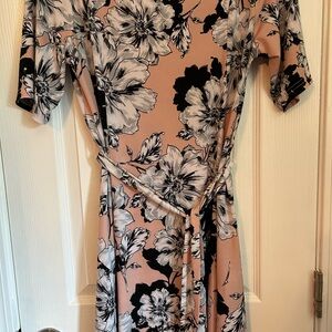 Nina Leonard Black and Pink Floral Midi Dress